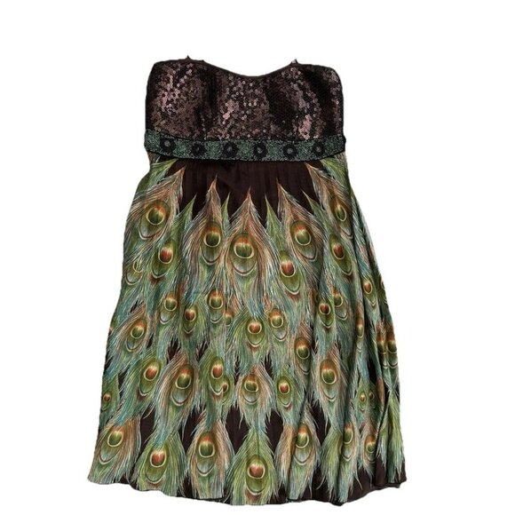 Boho Babydoll Festival Dress peacock feather pattern built-in bra sequins Small - Picture 1 of 8